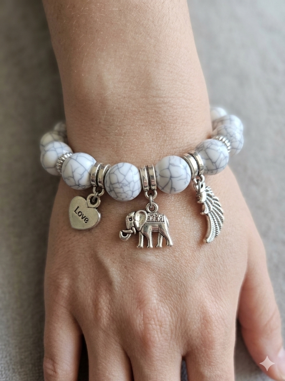White Marble Bead Charm Stretch Bracelet with Elephant & Heart Charms 7 Inch
